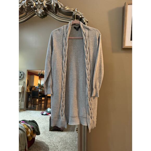 Vera Vera Wang open-front cardigan sweater with braided trim, Heather Gray - Picture 1 of 3